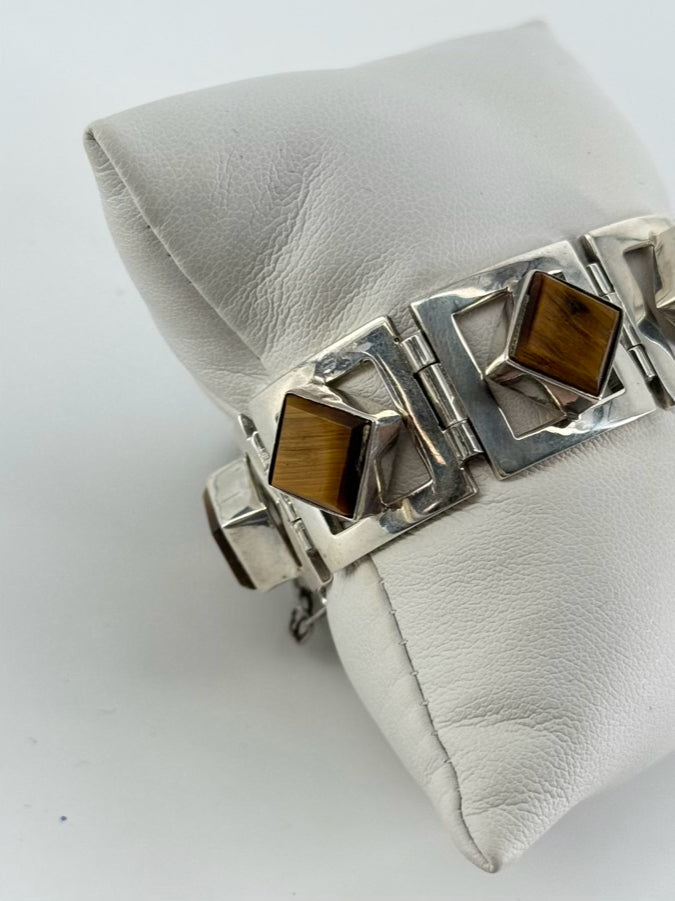 TAXCO MEXICAN STERLING SILVER Tigers Eye Mid-Century Bracelet