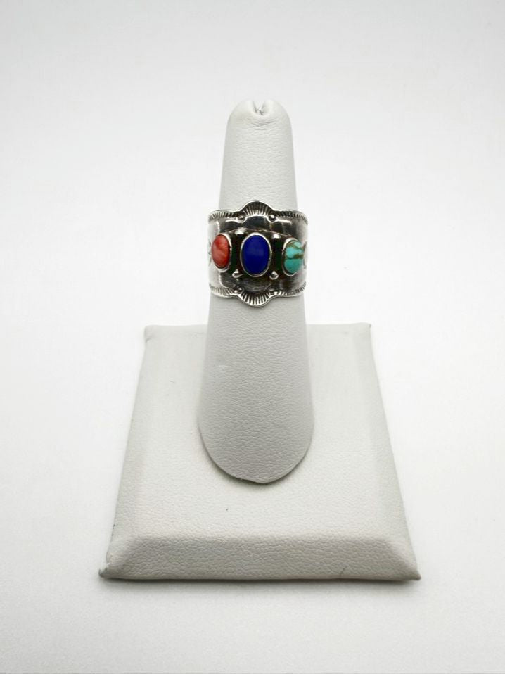 Lapis, Turquoise, Coral 925 Stampwork Ring