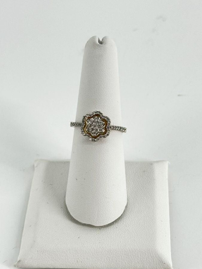 STERLING SILVER Gold Tone Clear Stone Floral Engagement Ring