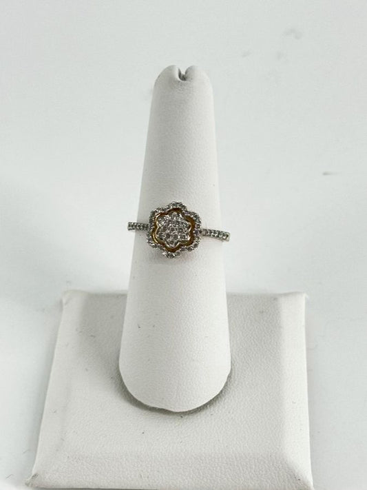 STERLING SILVER Gold Tone Clear Stone Floral Engagement Ring