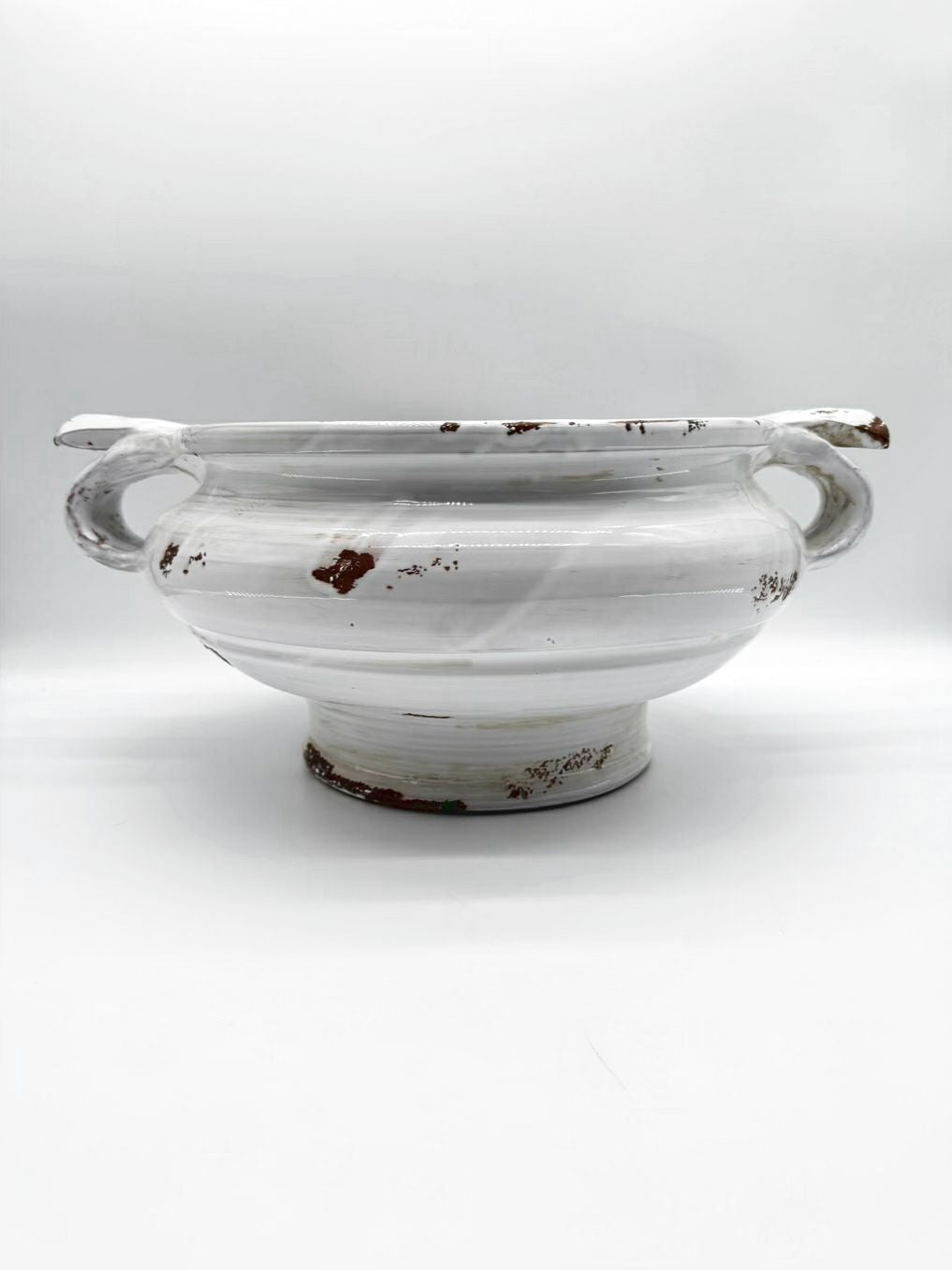SIGNED FORTUNITA Olenonde Taddei White Pottery Large Round Bowl w/ Handles