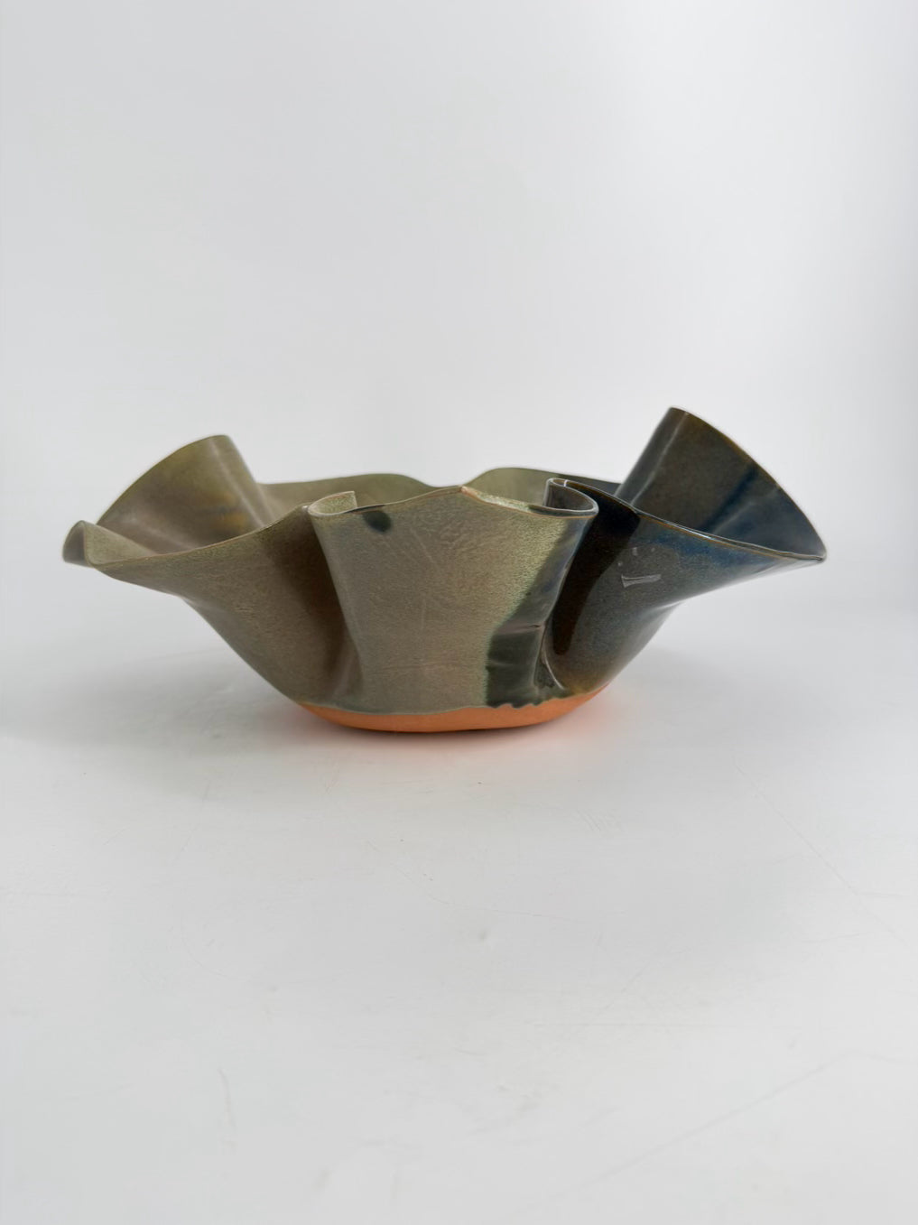 SIGNED Green & Blue Pottery Large Leaf Bowl