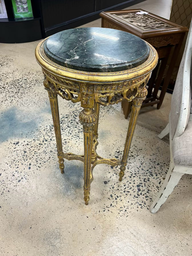 Green & Gold Wood & Marble Louis XV Round Gilded Occasional Table