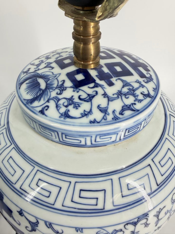 Blue & White Oriental Inspired Ceramic Ginger Jar Pair of Lamps w/ No Shades
