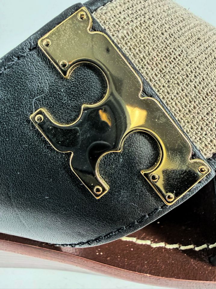 TORY BURCH Size WMNS 8.5 Black & Beige Canvas and Leather Platform Slide Sandals