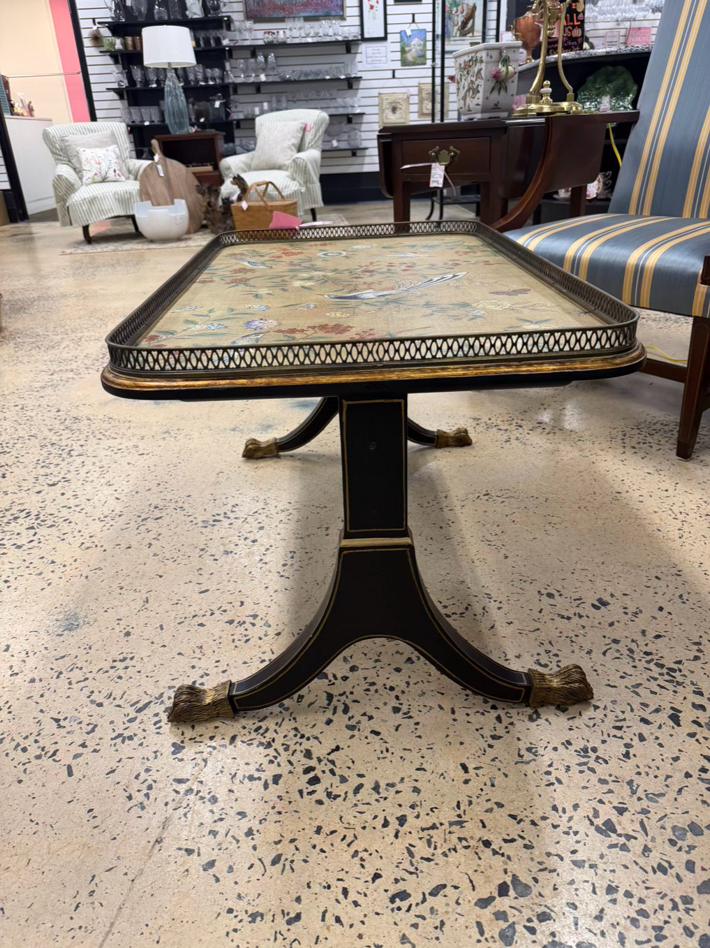 Black & Cream Chinoiserie Wood Birds & Flowers Coffee Table