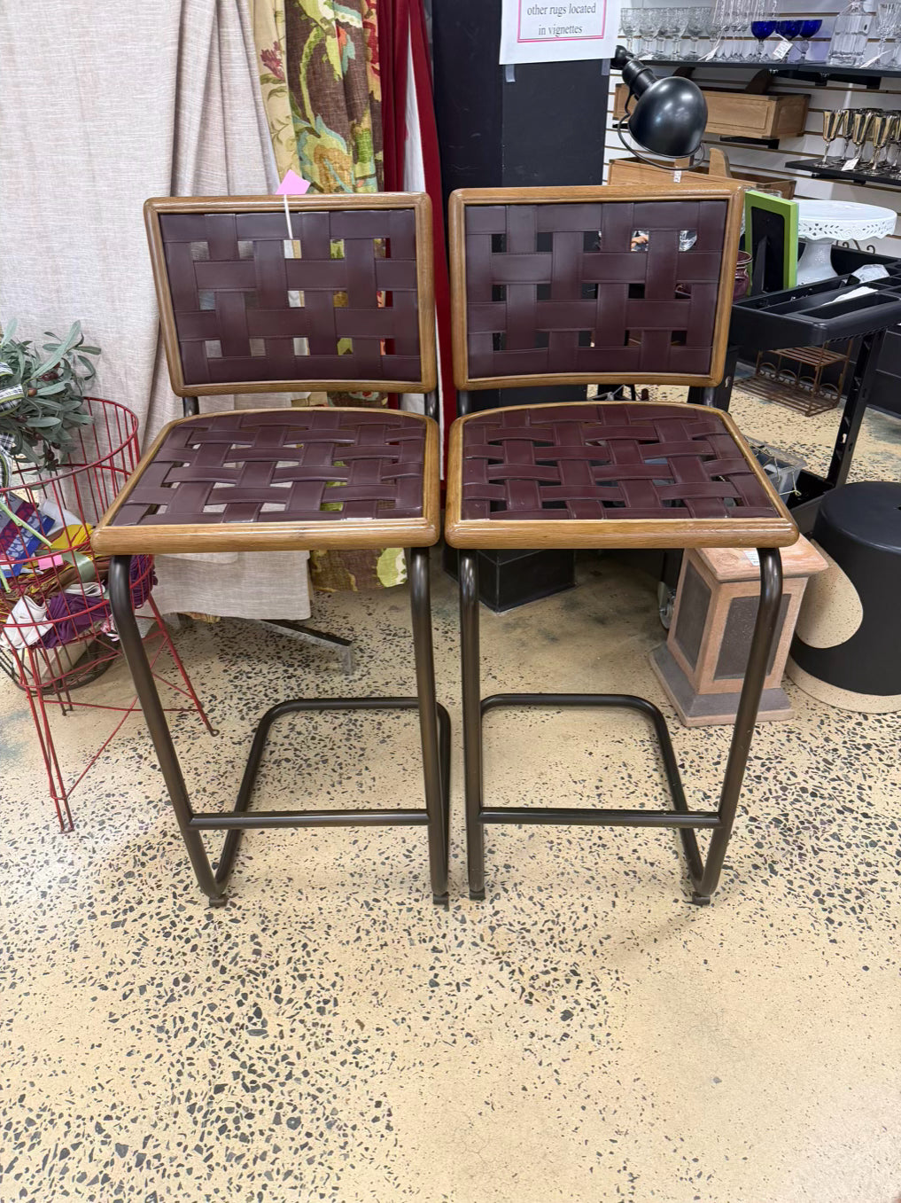 REVIVAL Brown Leather & Metal Pair Of Bar Stools