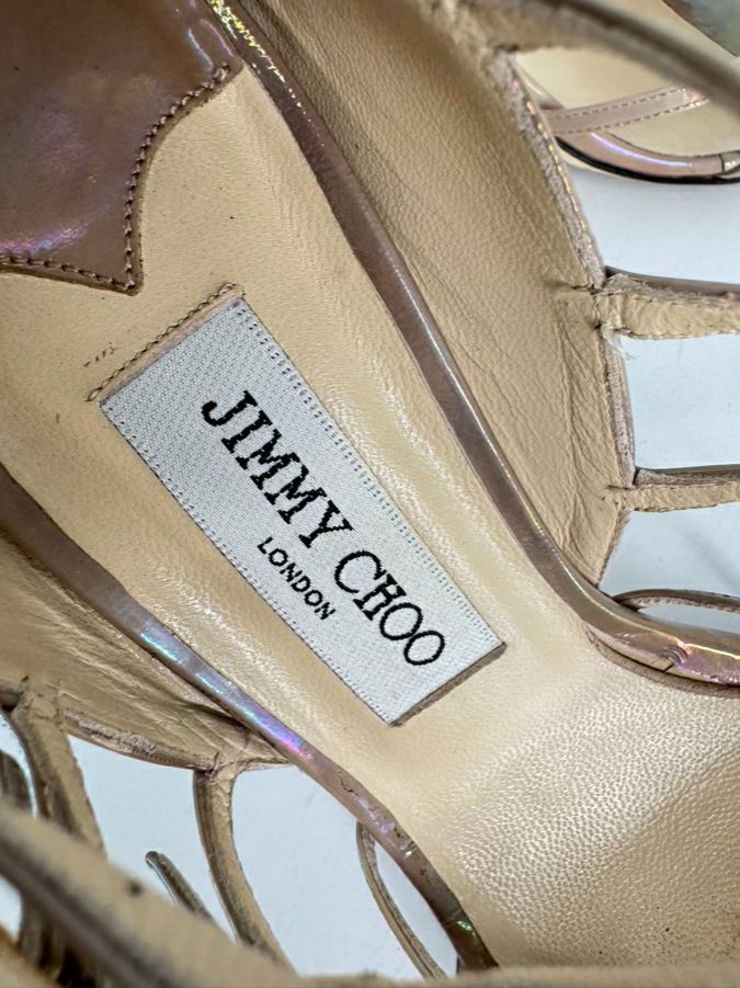 JIMMY CHOO Size 37.5 Metallic Iridescent Leather Atlas Gladiator Pumps