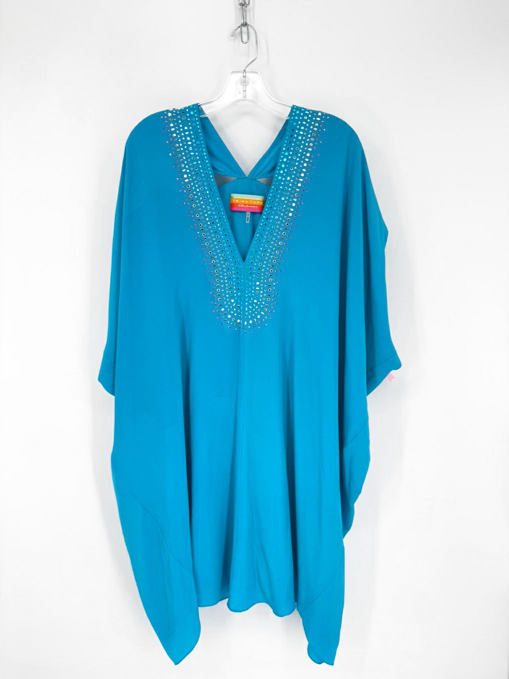 TRINA TURK Size L Turquoise Silk Stud Detail Kaftan