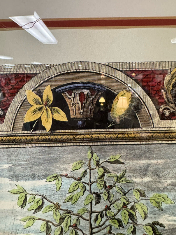 Bon Arbor Hand-Colored Copper Plate Engraving in Gold Frame