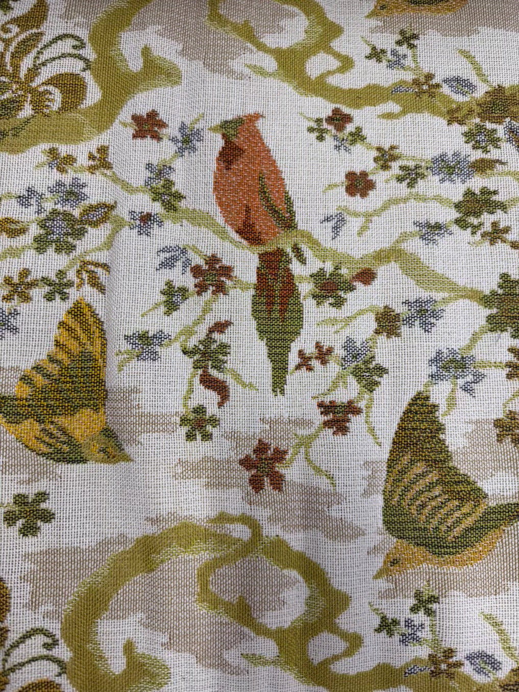 VINTAGE Cream, Gold, Green & Rust Birds Sofa w/ 3 Cushions