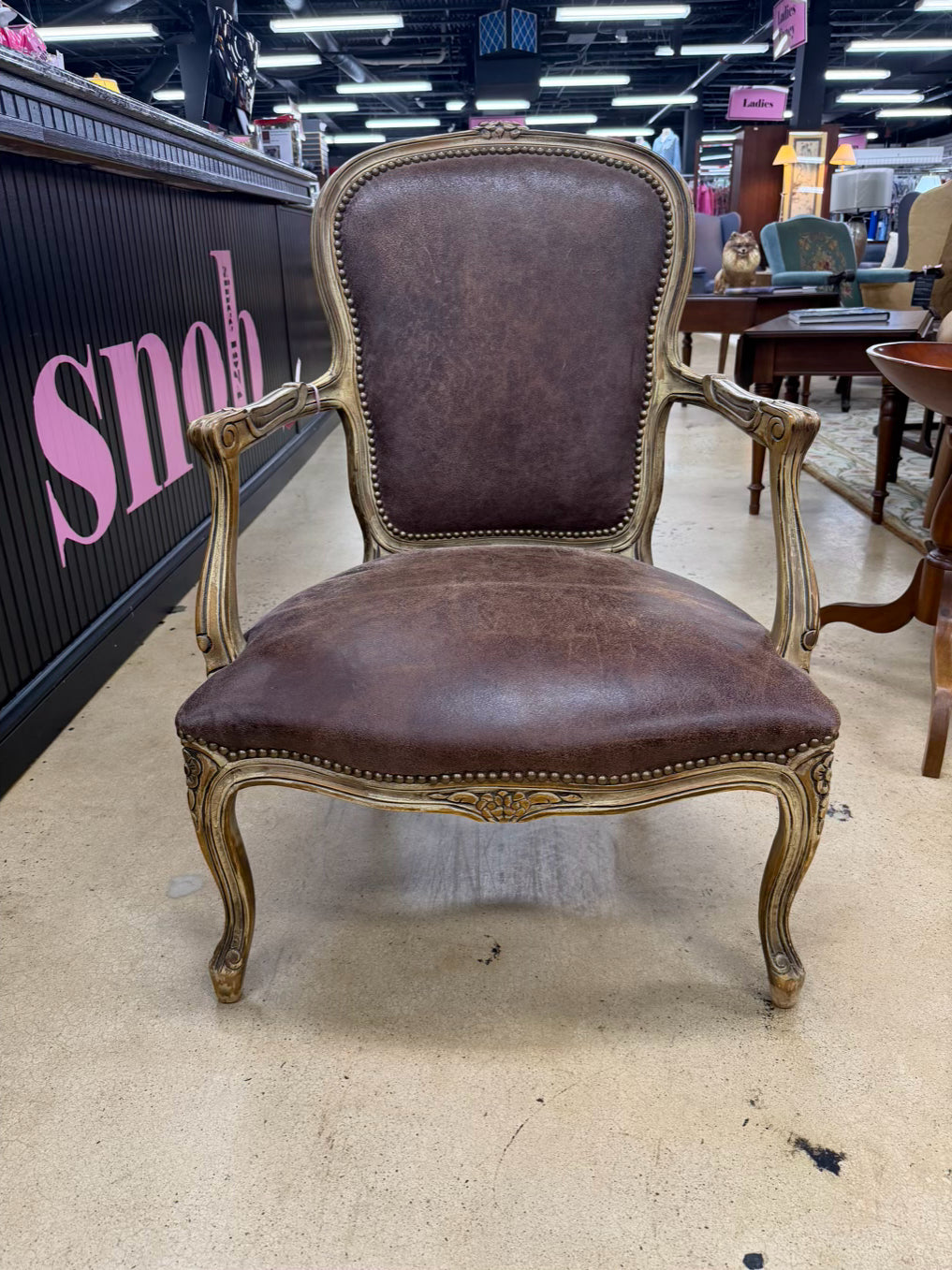 OLD HICKORY TANNERY French Provincial Cream Wood Chair w/ Brown Leather