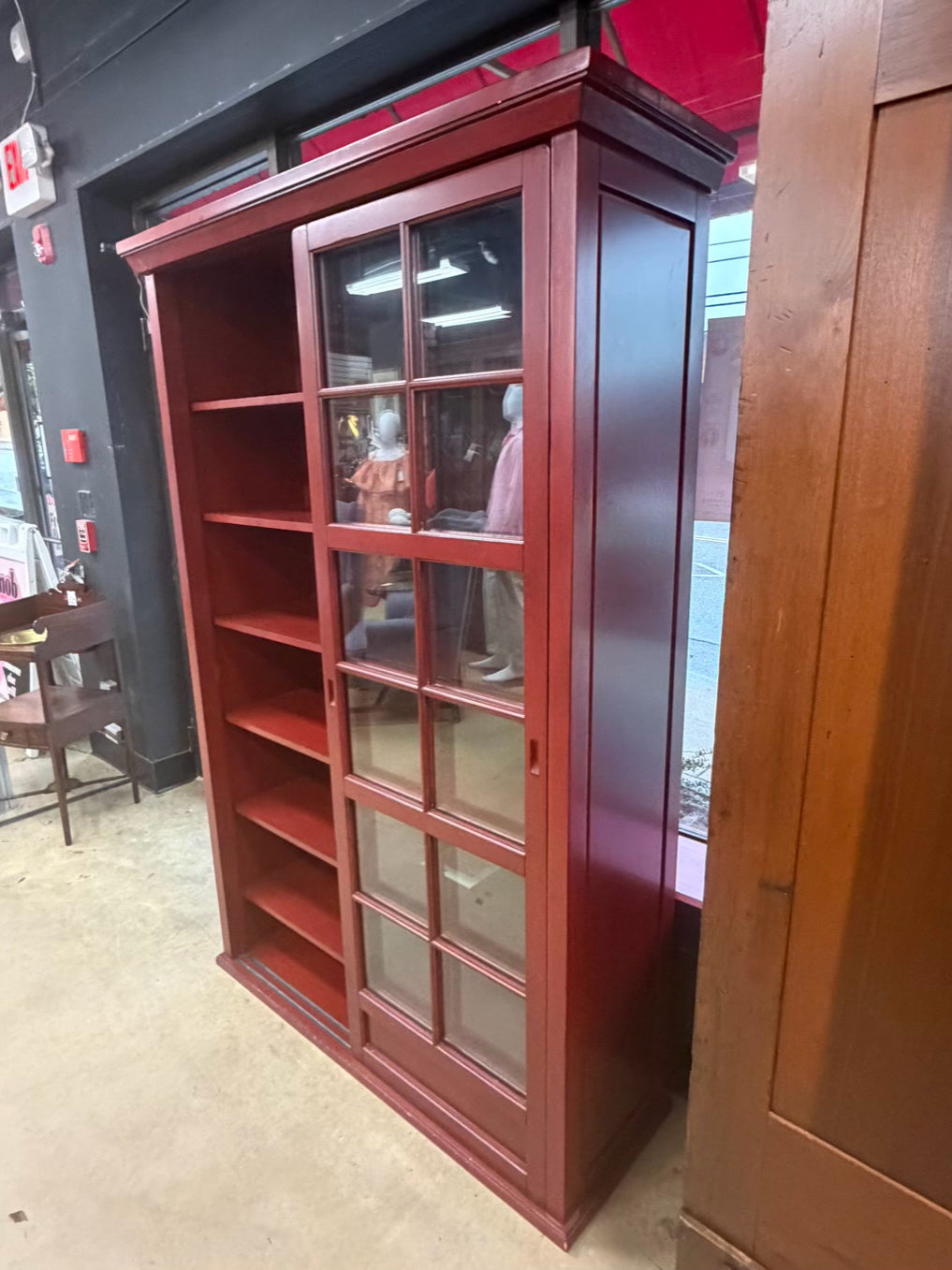 POTTERY BARN Red Wood Bookcase w/ Glass Sliding Doors