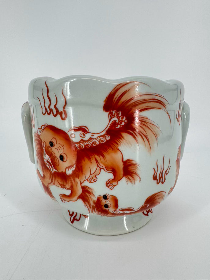 White & Rust Porcelain Foo Dogs Cachepot