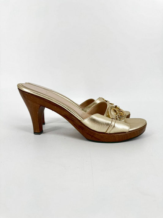 FENDI Size 41 Gold Leather & Wood Heels