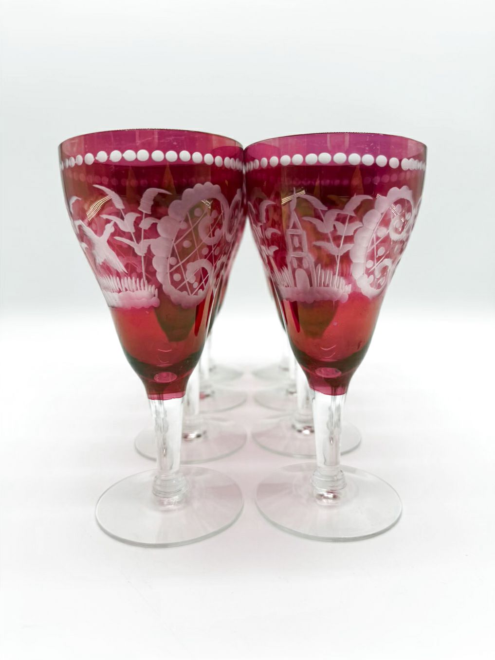 BOHEMIAN Red & Frosted Glass Set Of 8 Footed Glasses
