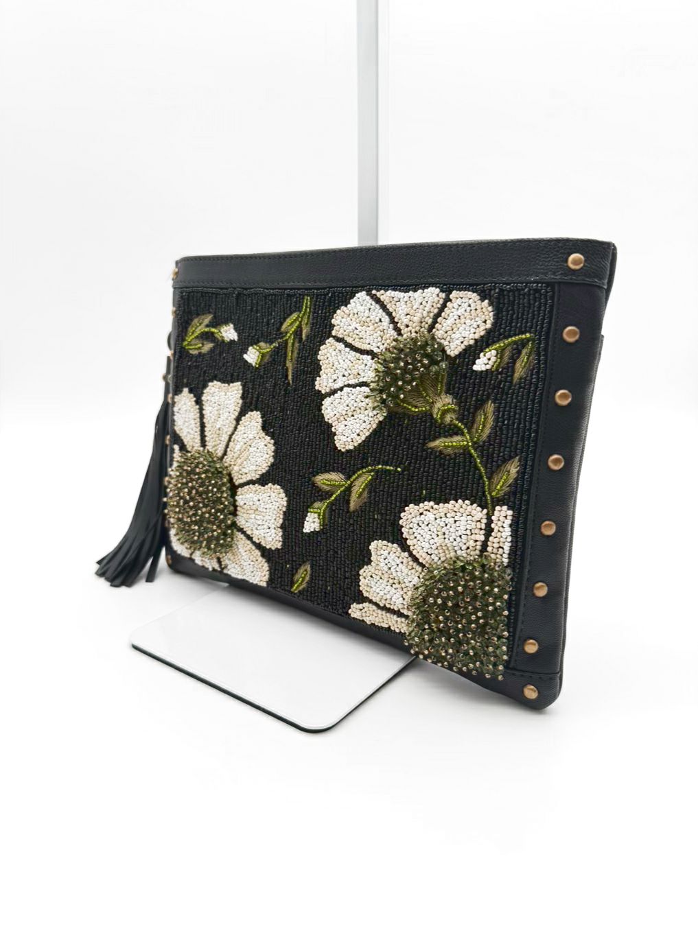 MARY FRANCES Sunshine & Daisies Black, White & Green Leather Beaded Floral Crossbody Bag