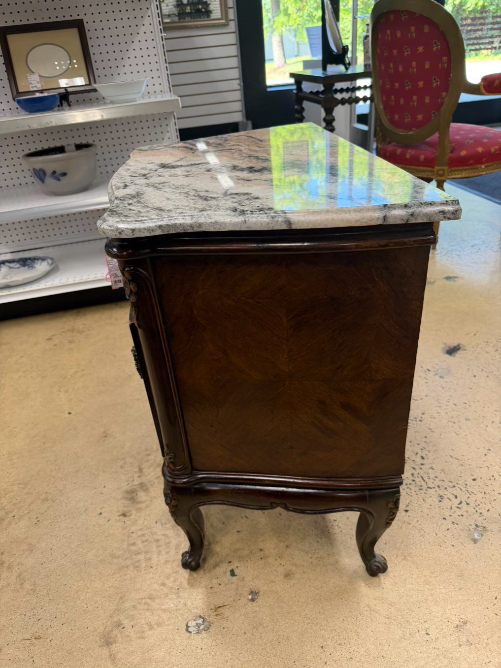 FRENCH White & Brown Commode Marble & Wood Nightstand w/ Drawer