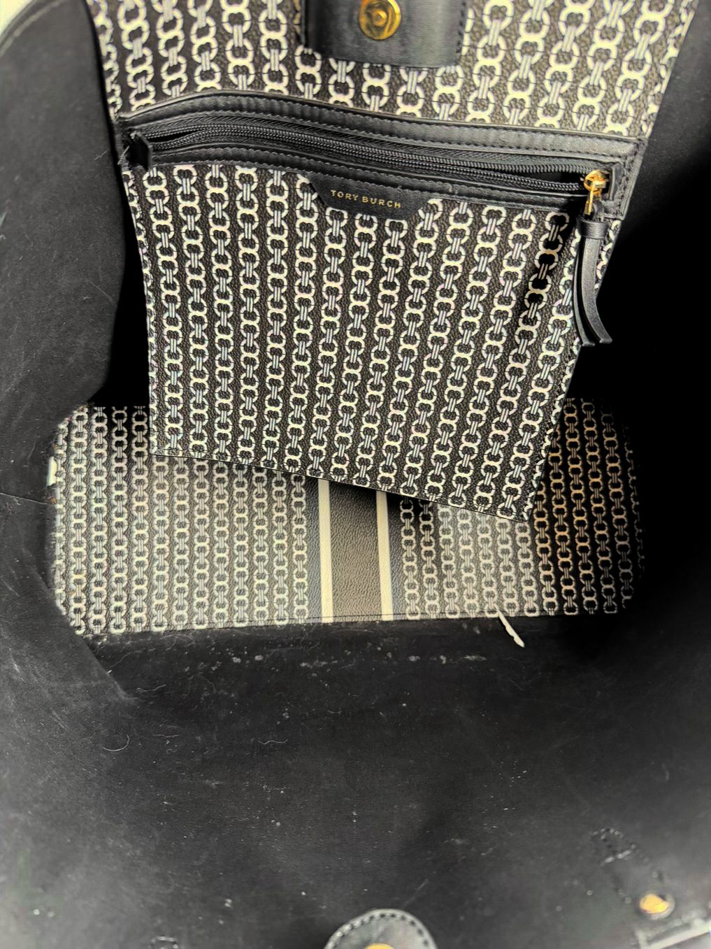 TORY BURCH Gemini Link Navy & White Chain Detail Tote Bag