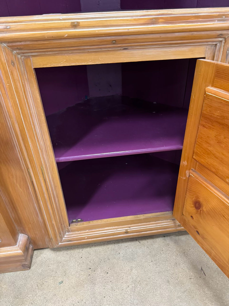 Light Pine Purple Painted Shelves Corner Cupboard