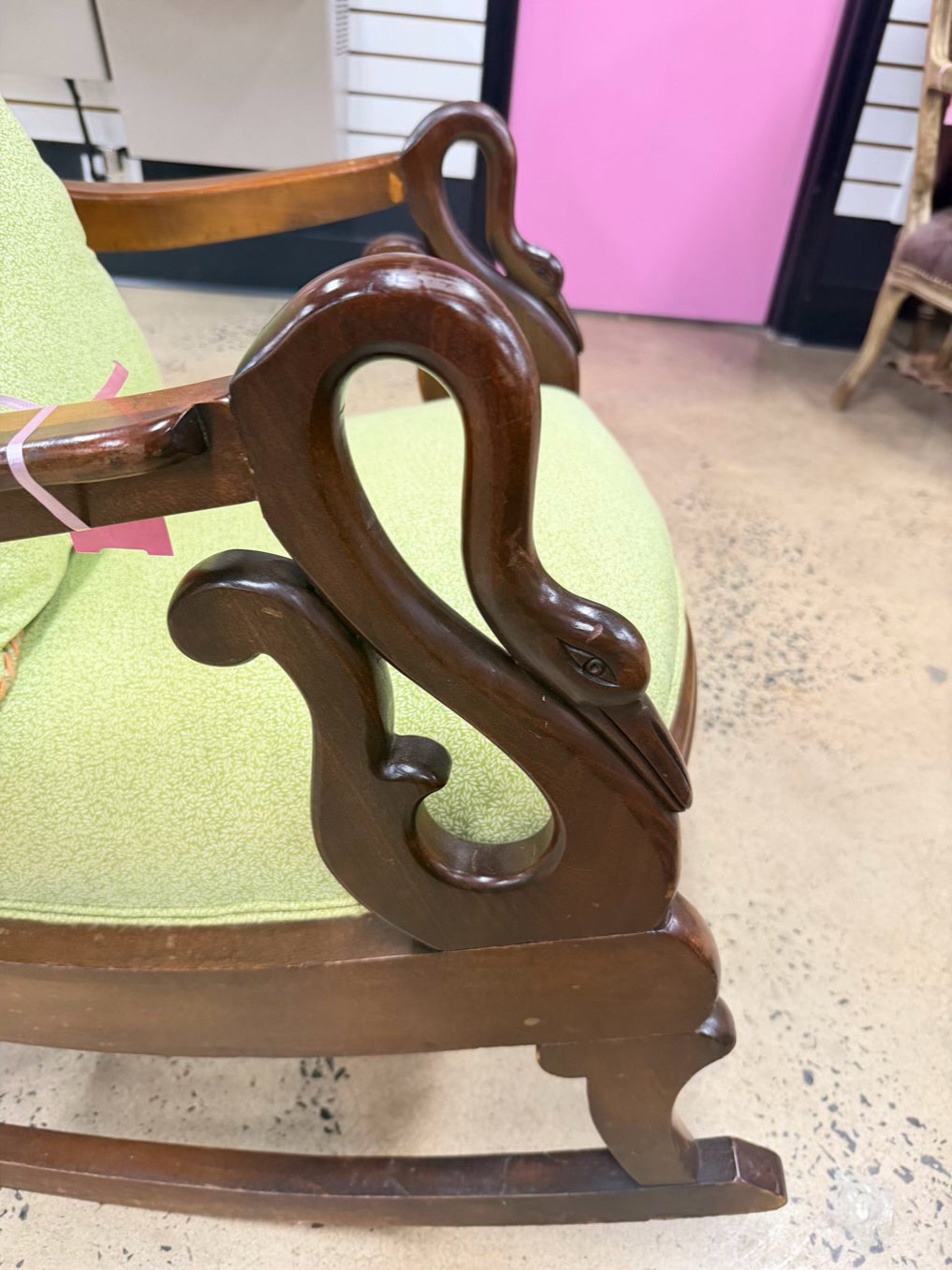 VINTAGE Wood Gooseneck Rocking Chair w/ Green Fabric & Pillow
