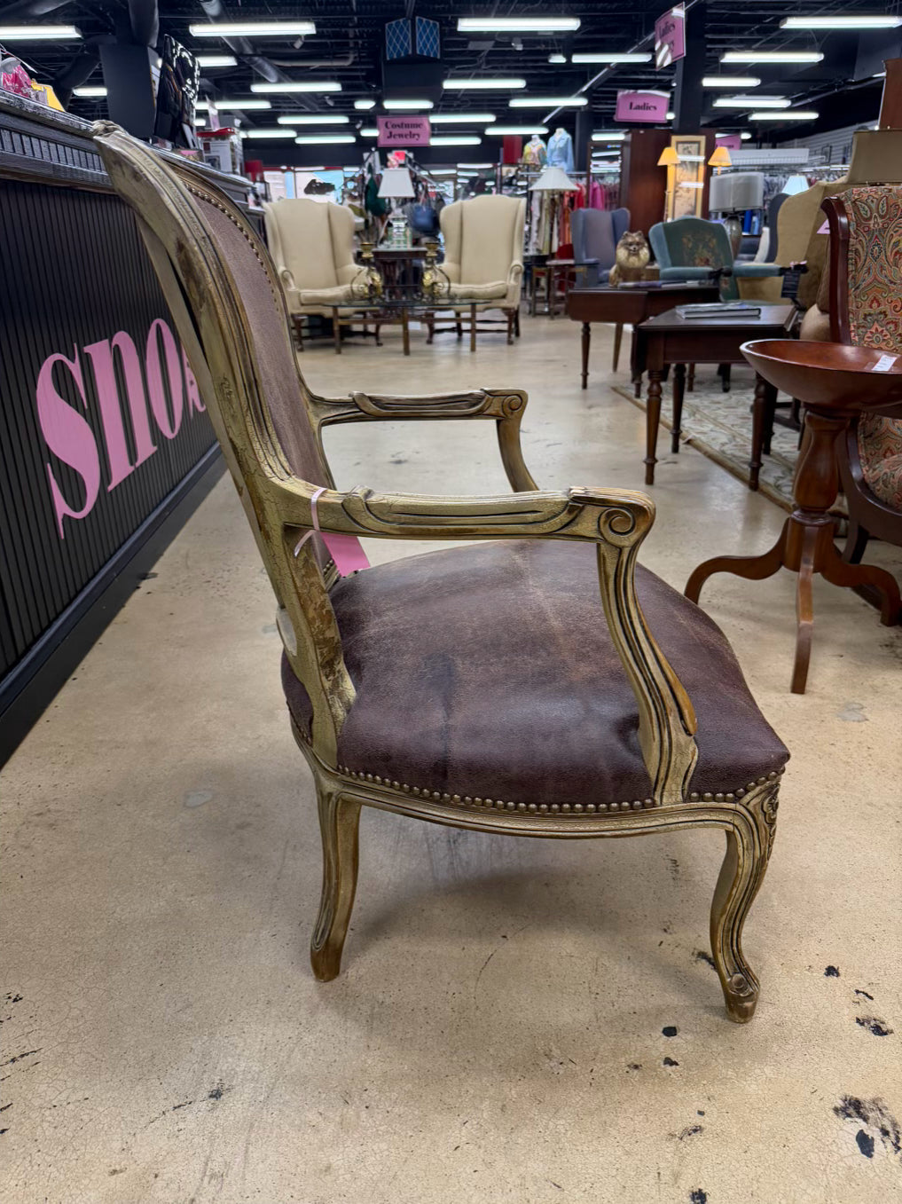 OLD HICKORY TANNERY French Provincial Cream Wood Chair w/ Brown Leather