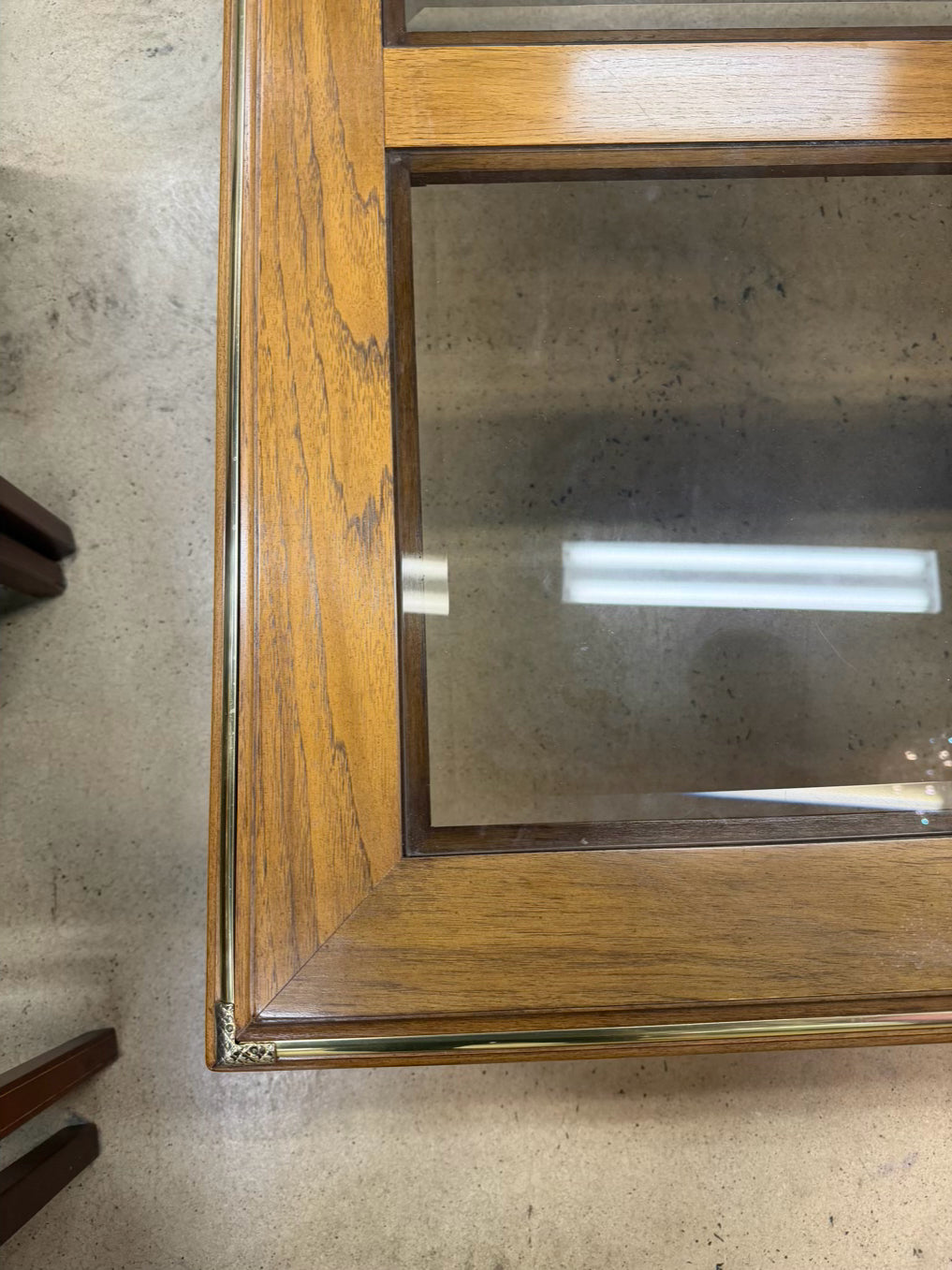 HOLLYWOOD REGENCY Medium Brown Wood & Glass Coffee Table w/ Brass Accents