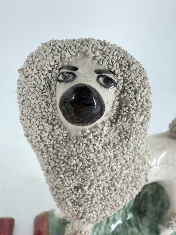 STAFFORDSHIRE White & Green Ceramic Confetti Poodle Pair Of Figurines
