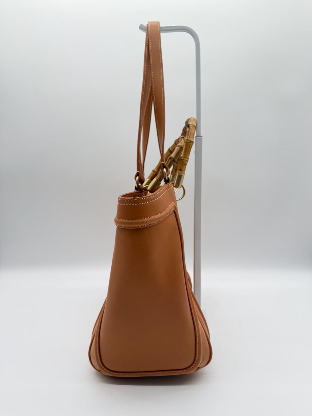 J MCLAUGHLIN Cognac Leather Purse w/ Bamboo Handle