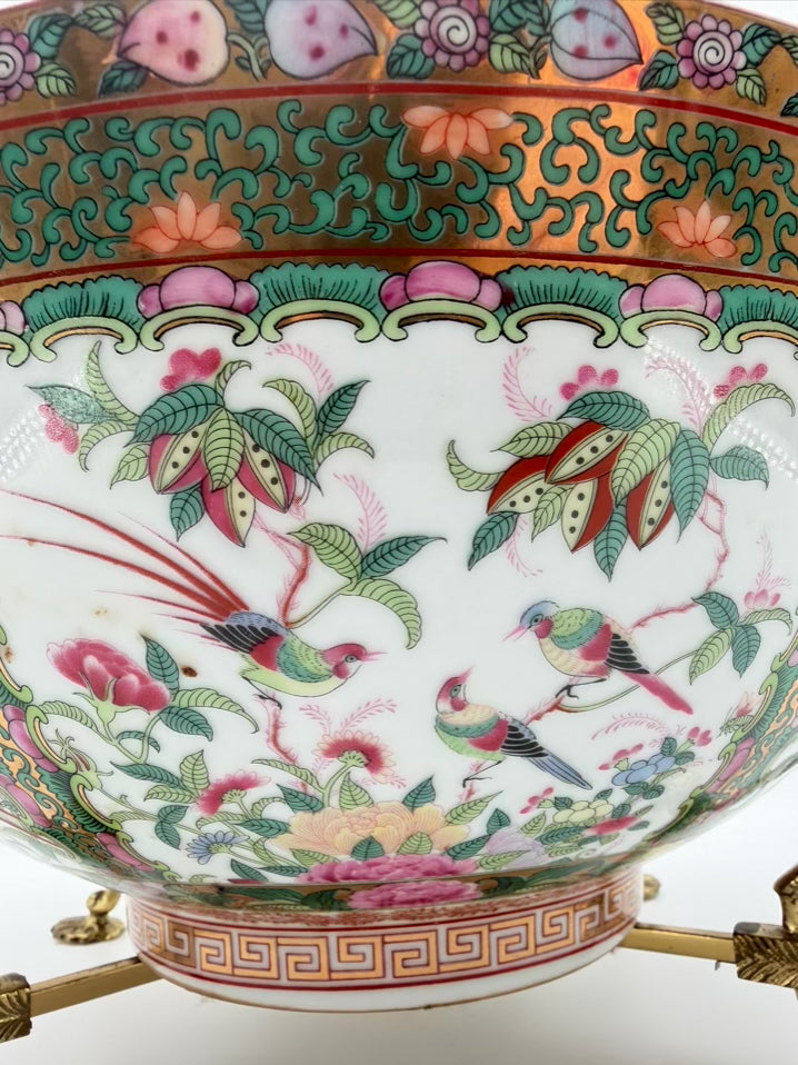 Rose Medallion Porcelain Large Bowl w/ Brass Bowl Holder