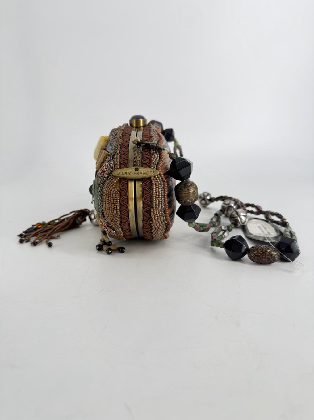 MARY FRANCES Beaded Tan, Brown & Teal Carmel Macchiato Gemstone Purse NWT