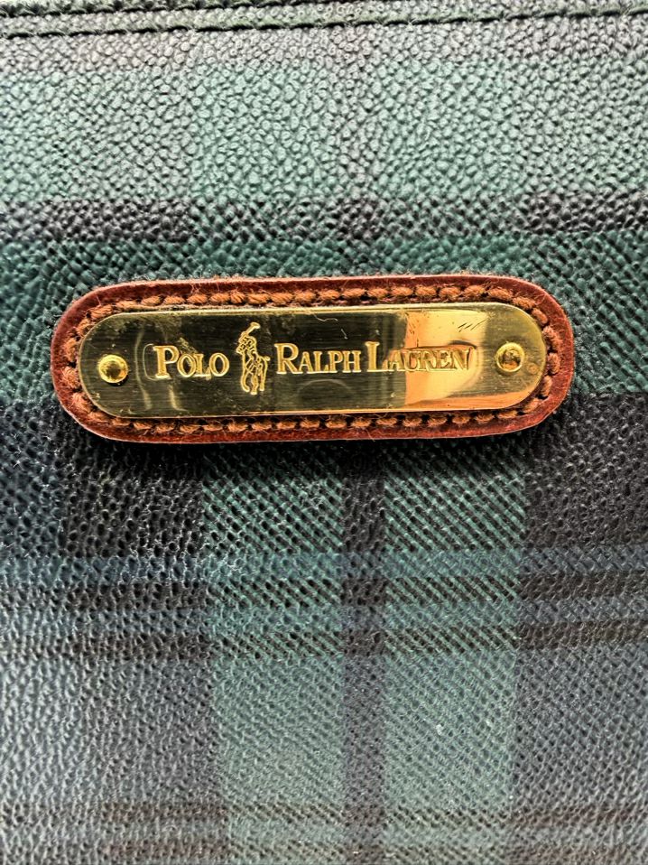 POLO RALPH LAUREN Blue & Green Coated Canvas Plaid Purse