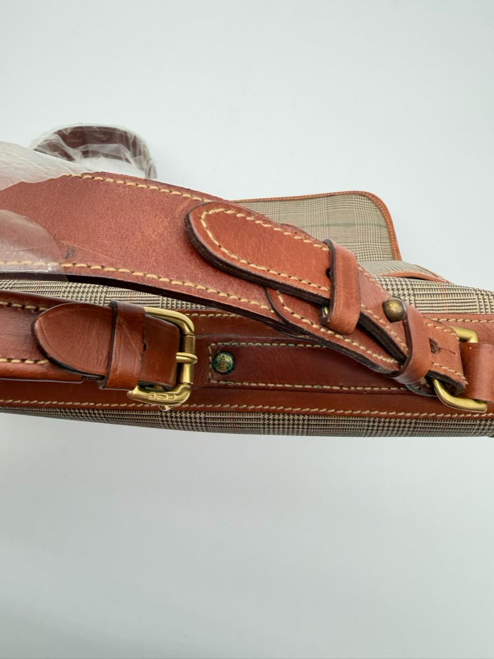 WATHNE Beige Coated Canvas Plaid Briefcase