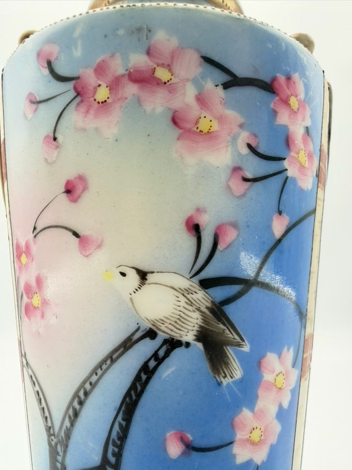 NIPPON Blue, Pink & Green Porcelain Bird Vase w/ Handles