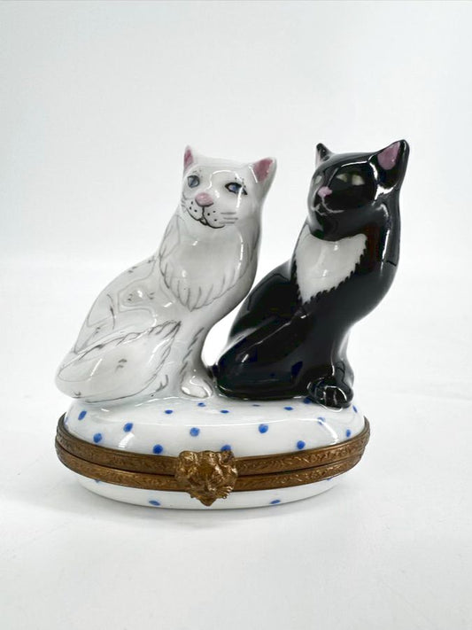 LIMOGES White & Black Cat Couple Ceramic Trinket Box