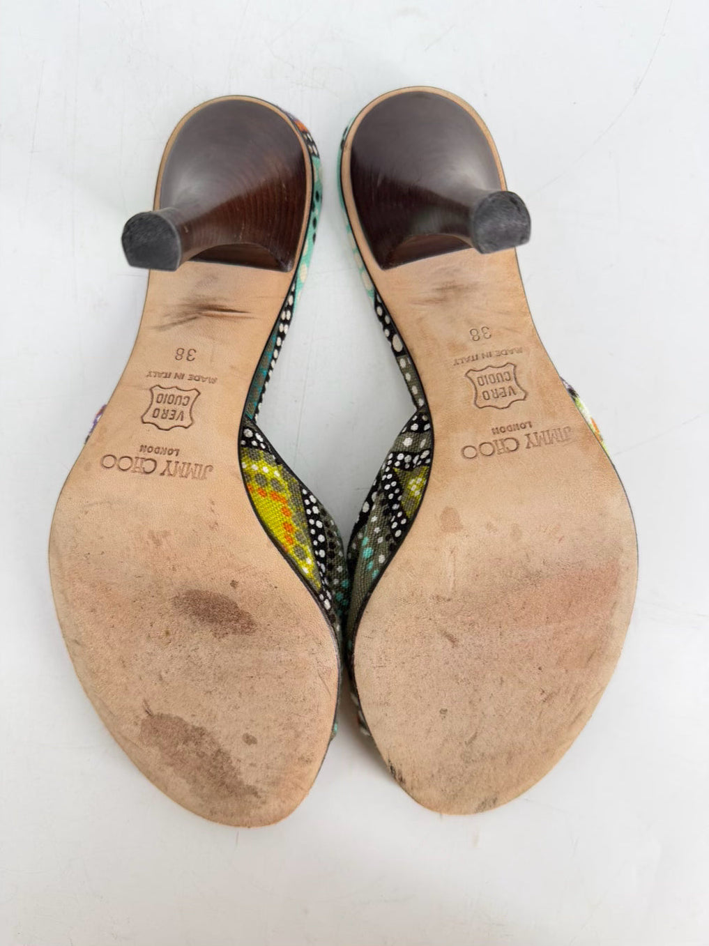JIMMY CHOO Size 38 Purple & Green Canvas Print Heels