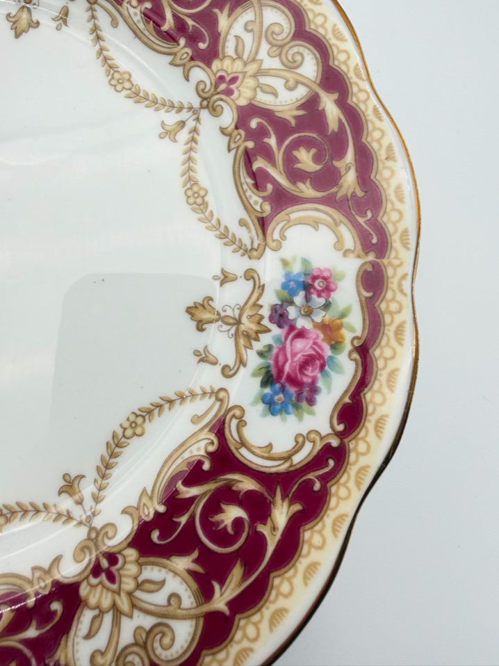 QUEEN ANNE Regency White & Red Dessert Plate Setting for 4 w/ Cups & Saucers