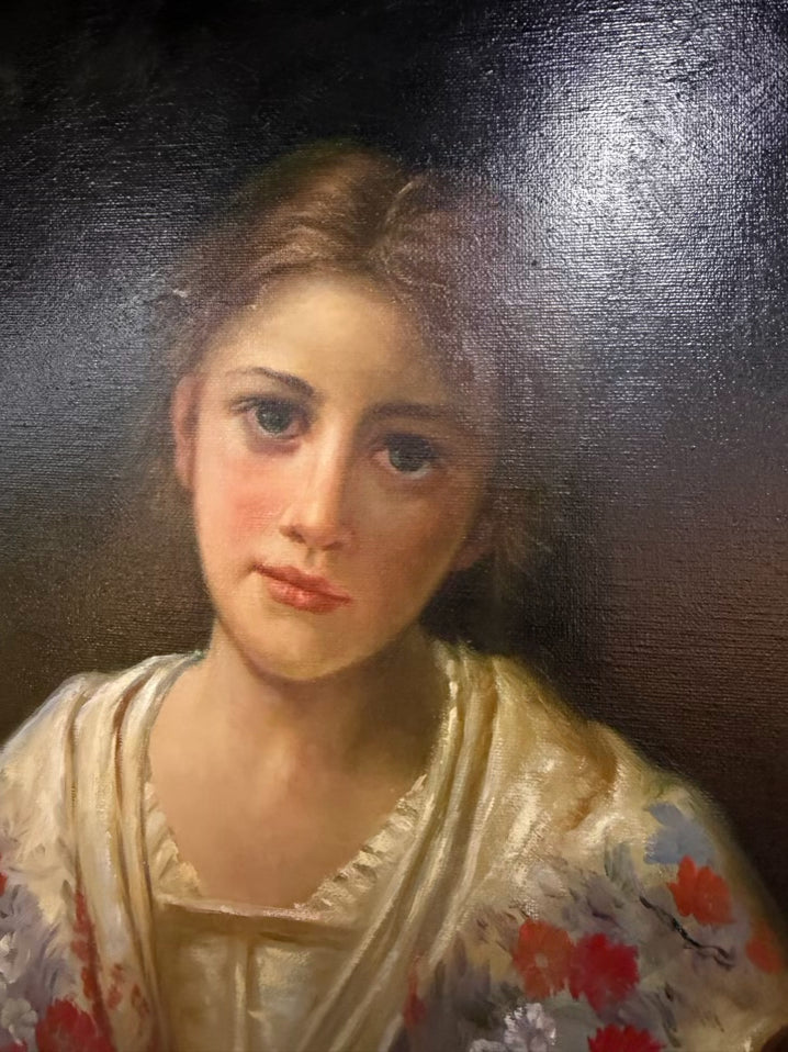 Girl With Jug Painting In Brown & Black Ornate Frame