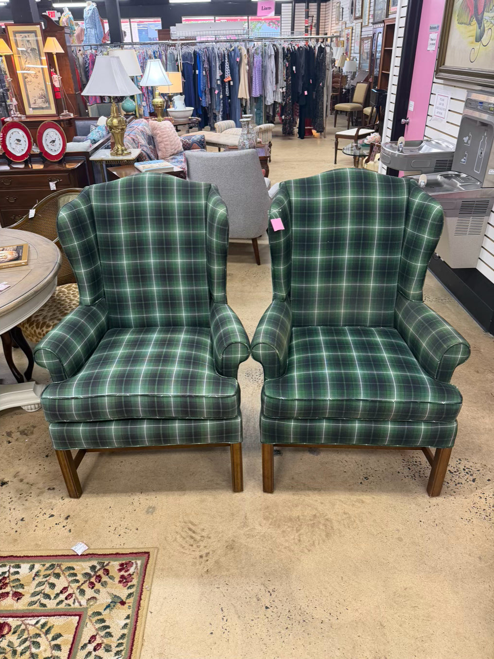 Green & White Plaid Tartan Pair Of Wing Back Chairs