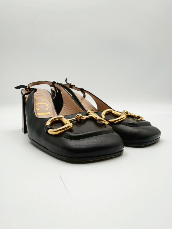 GUCCI WMNS Size 36.5 Black Leather Horsebit Accent Slingback Block Heel
