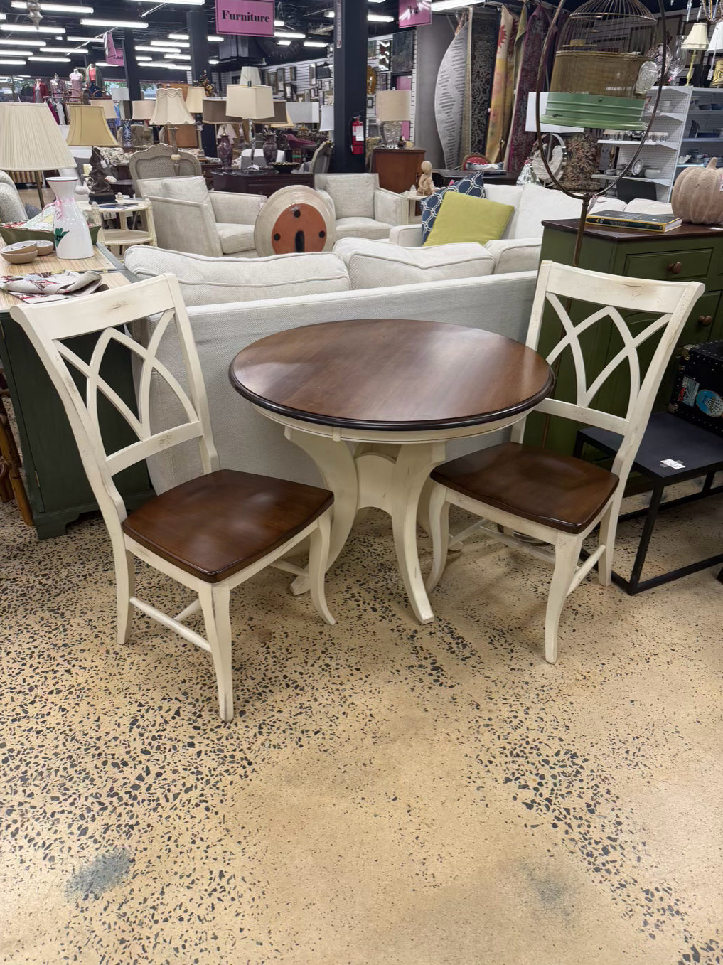 Brown & White Wood Round Table & 2 Chairs
