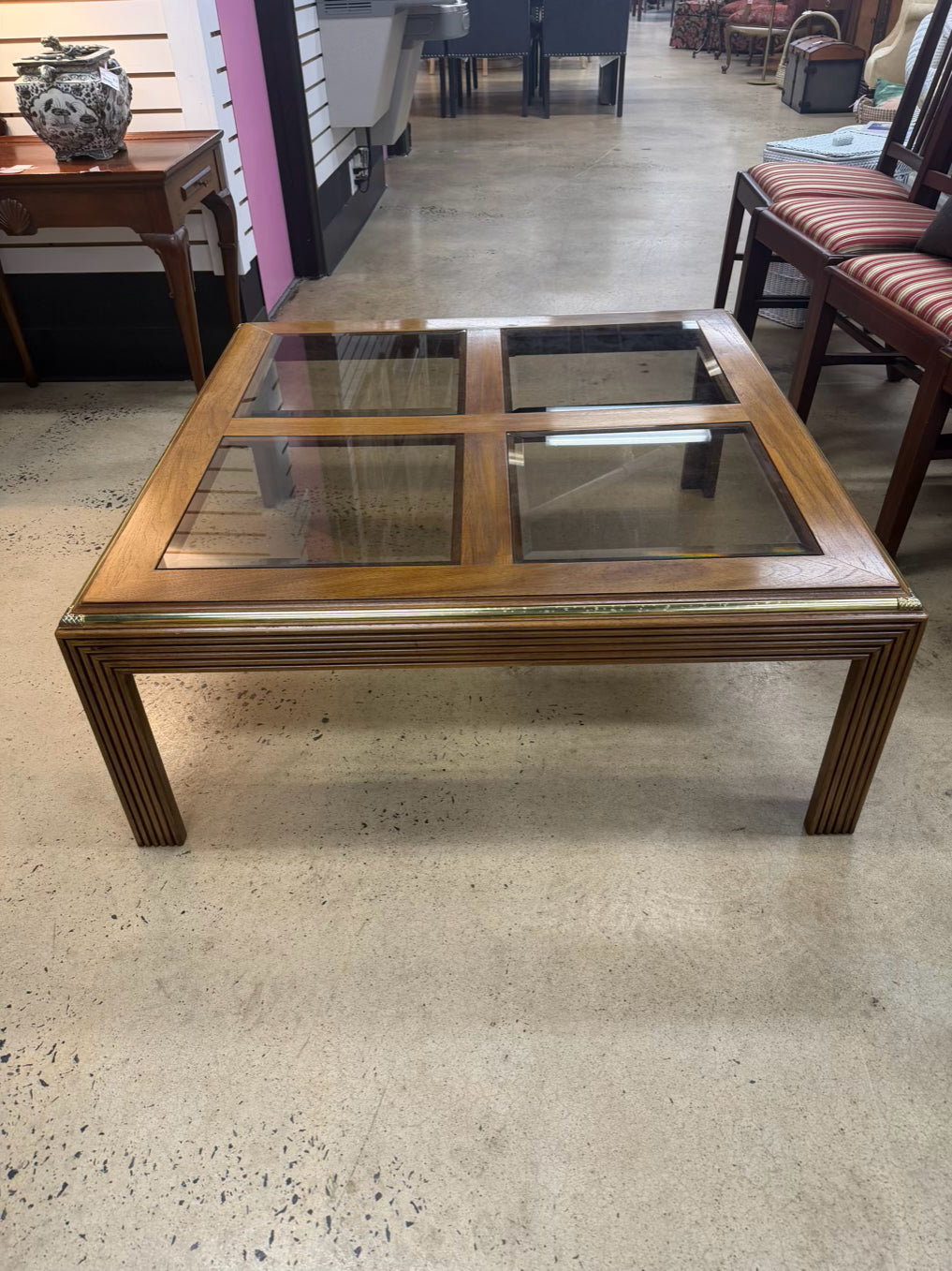 HOLLYWOOD REGENCY Medium Brown Wood & Glass Coffee Table w/ Brass Accents