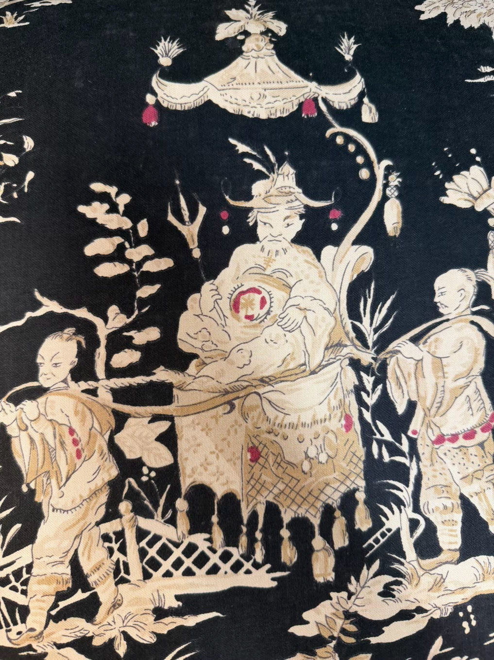 Black, Cream & Pink Wood Oriental Print Stool