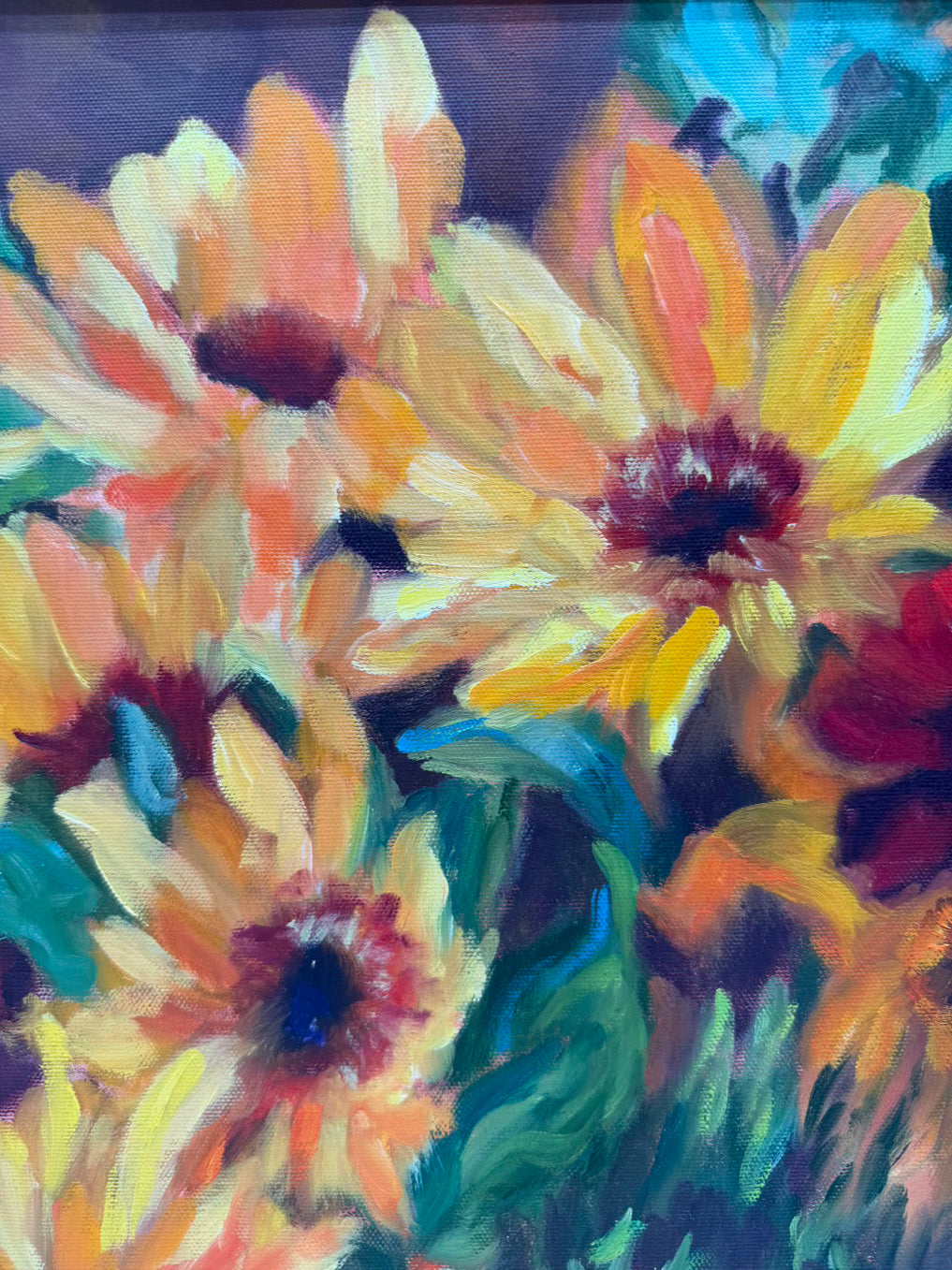SIGNED CAROL WILLIS Black Eyed Susan's Oil Painting In Gold Frame