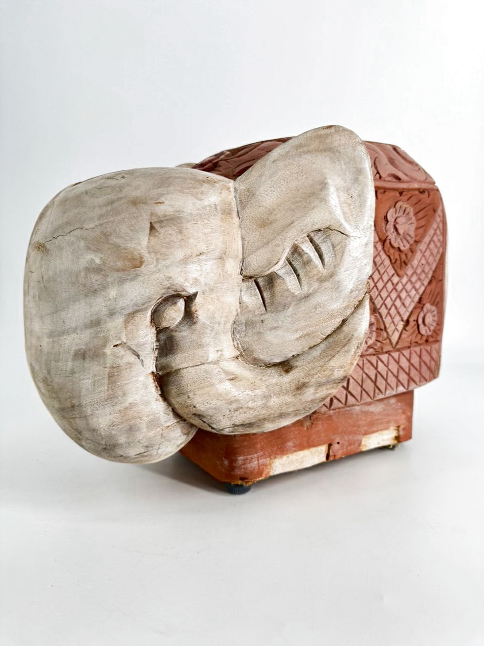 Pink & Cream Carved Wood Elephant Figure