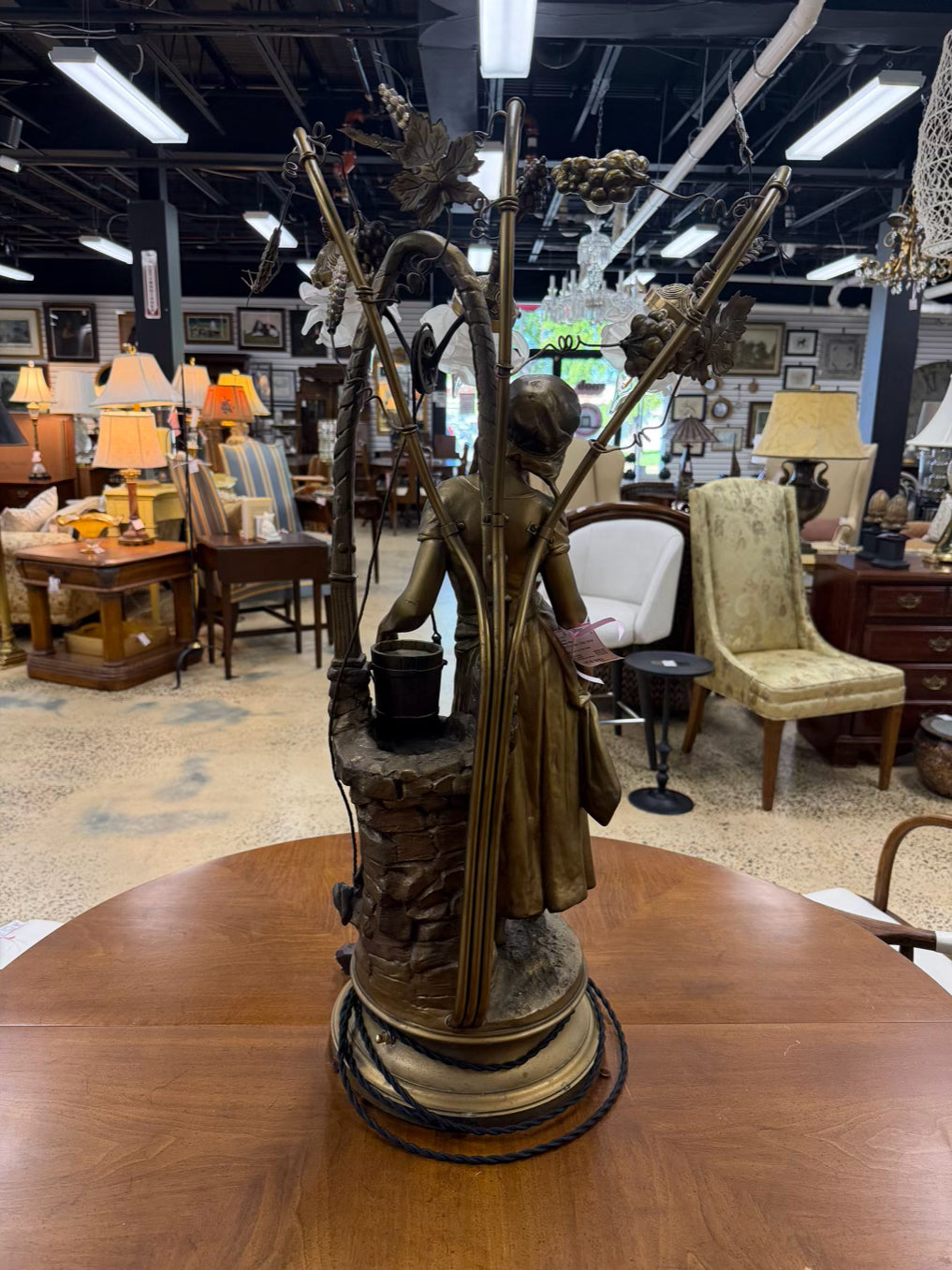 HENRI PLES Art Nouveau Woman by the Well Gold Metal Lamp