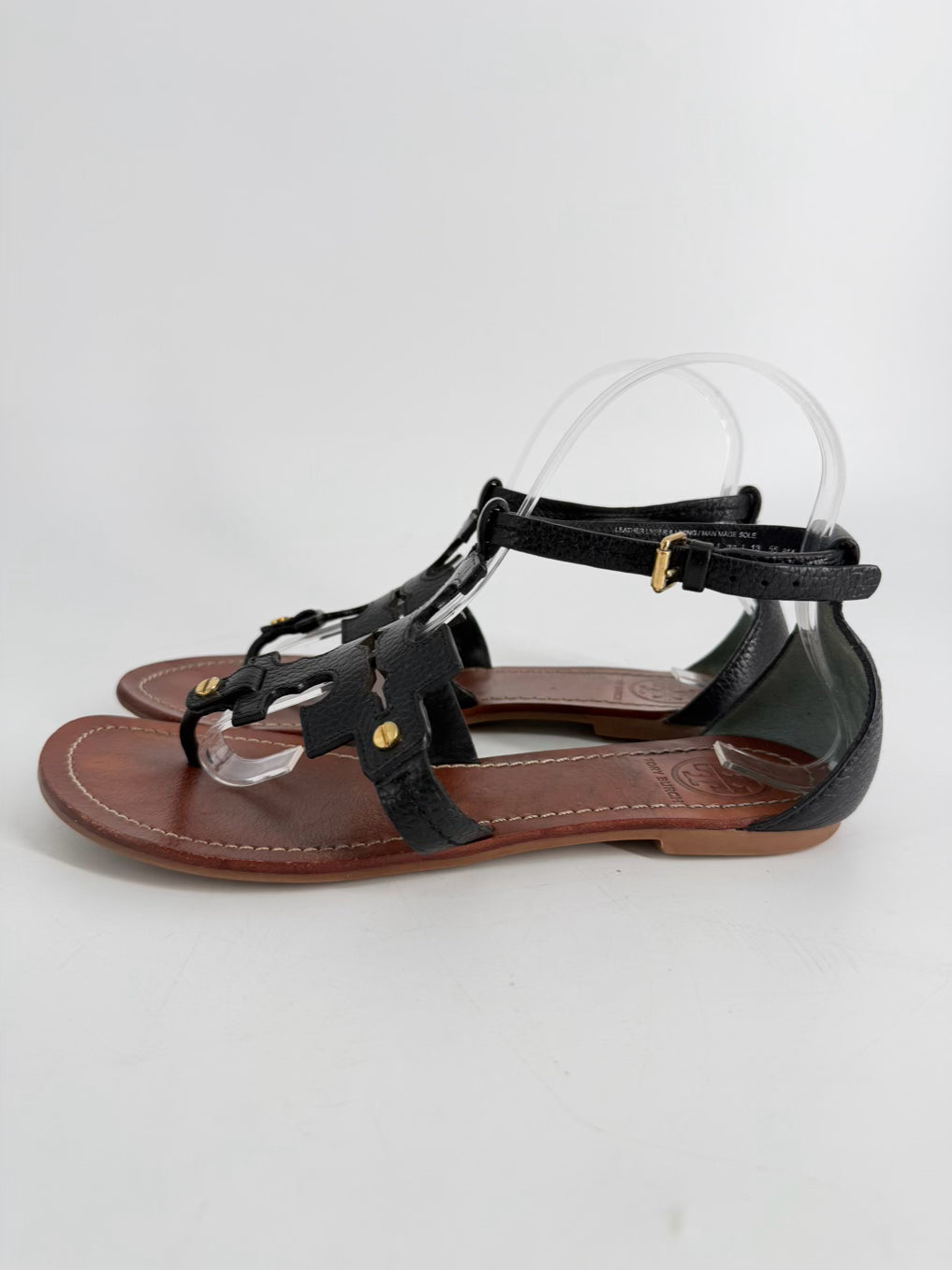TORY BURCH Size 8 Black Leather Monogram Sandals