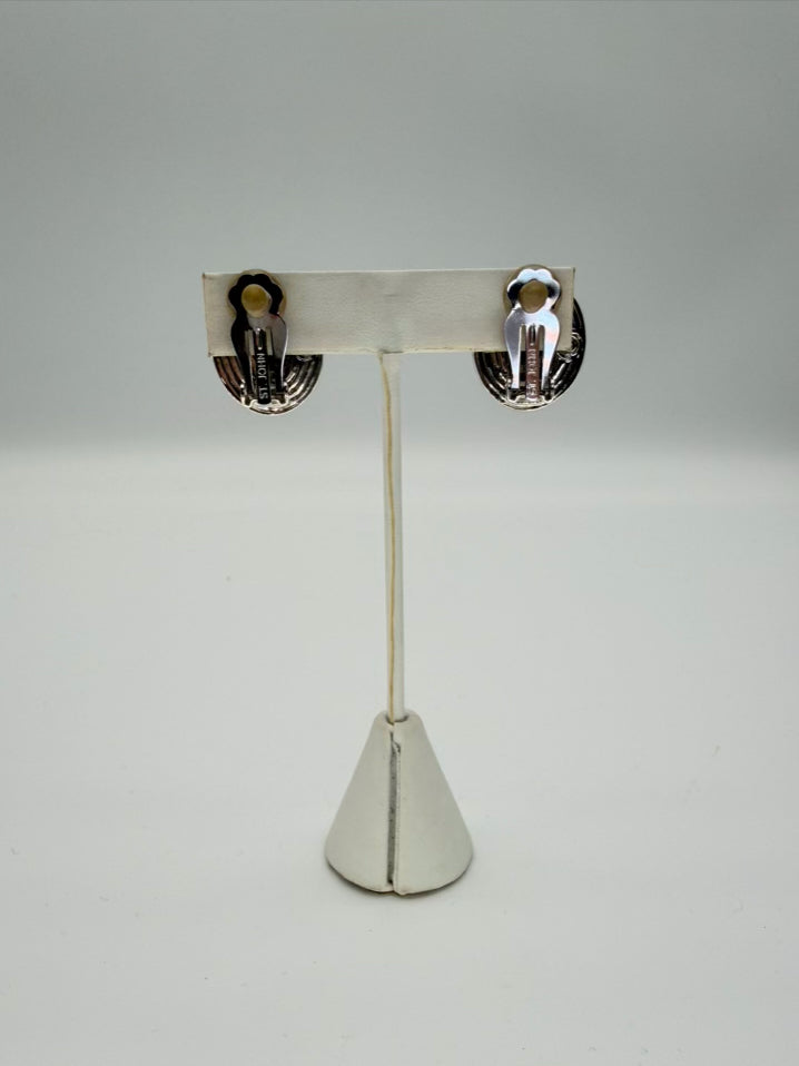 ST. JOHN Silver & Gold Tone Clip On Earrings w/ Black Gemstone