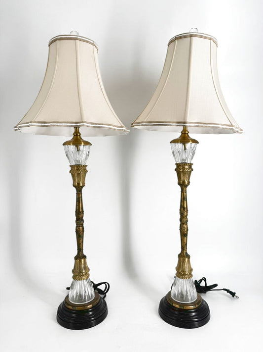 WILDWOOD Brass & Crystal Buffet Pair Of Lamps w/ Shades