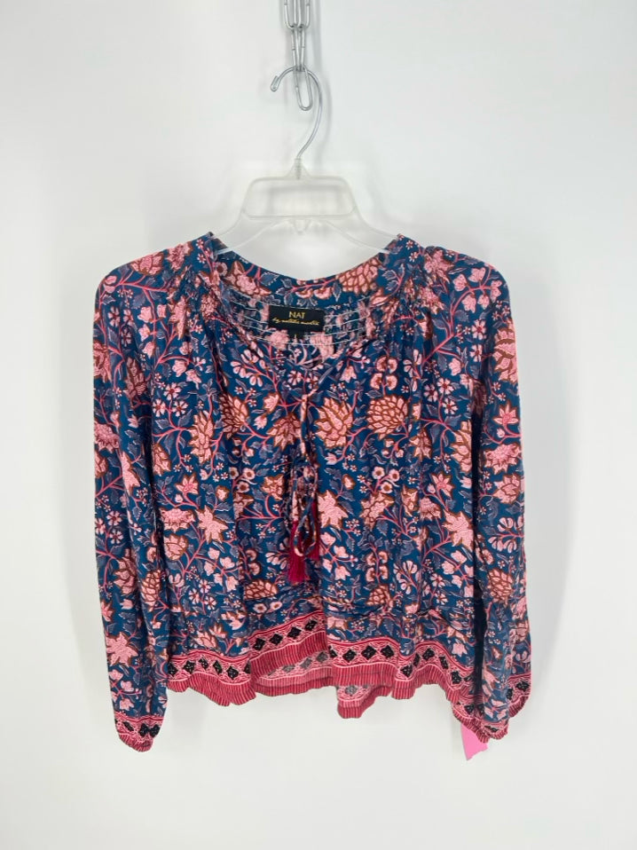 NAT by NATALIE MARTIN Size L Blue & Rust Print Floral Blouse